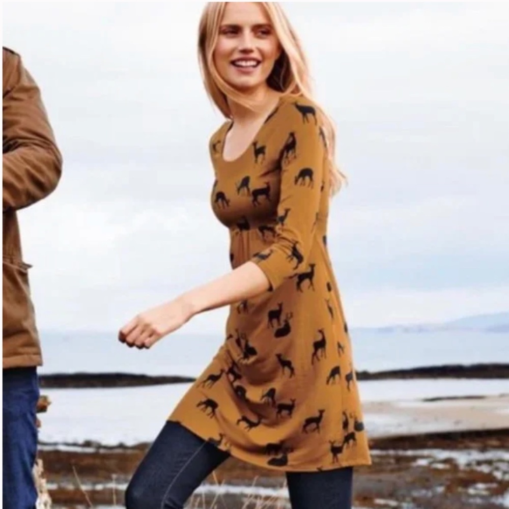 Boden Oh Deer Print Dress 10P Mustard Brown Stretch Jersey Fawn Novelty Reindeer